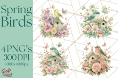 Easter Birds Clipart, Watercolor Birdhouse Illustrations Png Product Image 1