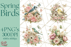 Easter Birds Clipart, Watercolor Birdhouse Illustrations Png Product Image 1