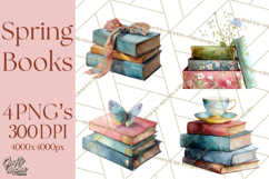 Spring Book Clipart, Vintage Books Watercolor, Floral Png Product Image 1