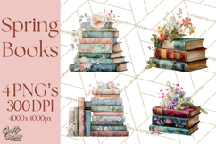 Spring Book Clipart, Vintage Books Watercolor, Floral Png Product Image 1