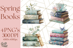 Spring Book Clipart, Vintage Books Watercolor, Floral Png Product Image 1