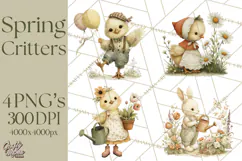 Vintage Garden Animals Clipart, Ducklings Bunnies Lambs Product Image 1