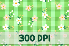 Seamless spring daisy pattern with white and peach flowers on green gingham background, perfect for digital paper, sublimation, scrapbooking, and crafts.