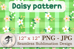 Seamless spring daisy pattern with white and peach flowers on green gingham background, perfect for digital paper, sublimation, scrapbooking, and crafts.