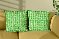 Seamless spring daisy pattern with white and peach flowers on green gingham background, perfect for digital paper, sublimation, scrapbooking, and crafts.