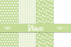 Four green spring digital papers with floral and gingham patterns for scrapbooking