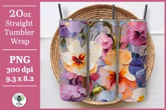 Pretty pansy painted sublimation design being shown on a 20oz tumbler