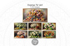 The Still life Frame TV art collection of 7 impressionist style oil paintings shows fruits and flowers.