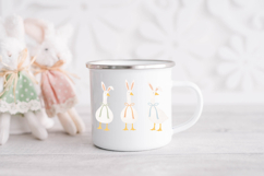 High resolution sublimation PNG of three standing geese dressed for Easter with bunny ears and soft colored bows, ideal for shirts, totes, and mugs.