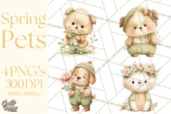 Spring Pets Clipart PNG, Cute Baby Animals Watercolor Product Image 1