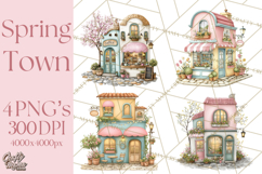 Watercolor Spring Town Clipart, Whimsical Pastel Village Product Image 1