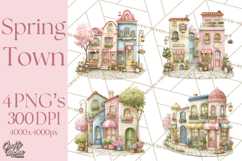 Watercolor Spring Town Clipart, Whimsical Pastel Village Product Image 1