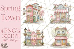 Watercolor Spring Town Clipart, Whimsical Pastel Village Product Image 1