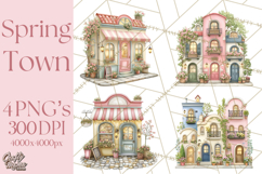 Watercolor Spring Town Clipart, Whimsical Pastel Village Product Image 1