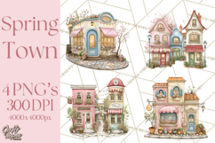 Watercolor Spring Town Clipart, Whimsical Pastel Village Product Image 1