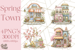 Watercolor Spring Town Clipart, Whimsical Pastel Village Product Image 1