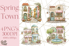 Watercolor Spring Town Clipart, Whimsical Pastel Village Product Image 1