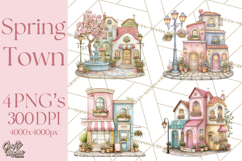 Watercolor Spring Town Clipart, Whimsical Pastel Village Product Image 1