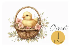 Cute Baby Chick in Floral Basket PNG for Spring & Easter Product Image 1