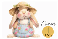 Cute Watercolor Bunny in Overalls PNG Spring Clipart Product Image 1