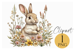 Watercolor Bunny in Wildflowers Clipart Easter PNG Product Image 1