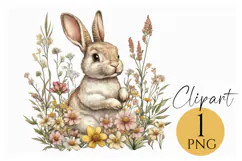 Watercolor Bunny in Wildflowers Clipart Easter PNG Product Image 1