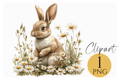 Watercolor Bunny with Daisies Clipart Spring PNG Product Image 1