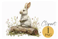 Woodland Bunny on Log with Wildflowers PNG Clipart Product Image 1