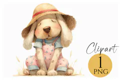 Spring Dog Clipart Cute Puppy in Floral Overalls PNG Product Image 1