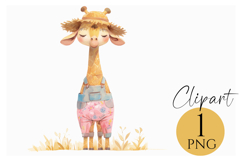 Cute Giraffe Clipart in Spring Overalls PNG for Crafts Product Image 1