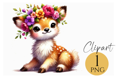 Cute Deer Clipart Baby Fawn with Floral Crown PNG Product Image 1
