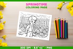 Springtime Garden Fun: Coloring Page with Boy Tending Garden Product Image 1