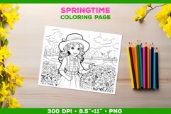 Coloring Page with Girl Tending Garden. Girl Coloring Book Product Image 1