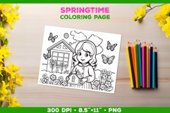 Coloring Page with Girl Tending Garden. Girl Coloring Book Product Image 1