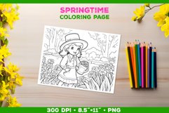 Coloring Page with Girl Tending Garden. Girl Coloring Book Product Image 1
