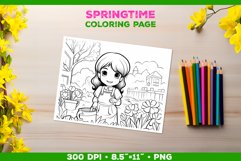 Coloring Page with Girl Tending Garden. Girl Coloring Book Product Image 1