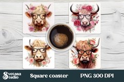 Highland cow square coaster sublimation design, highland cow flower sublimation design, cow square coaster PNG.