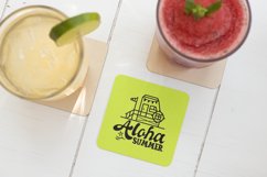 square-coaster-mockup-featuring-two-drinks-on-a-white-wooden-table-with summer print design
