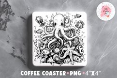 Octopus Square Coaster, Coffee Square Coaster Sublimation Png,  Square Coaster Png