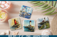 Vintage Watercolor Lighthouse Coaster Sublimation Design PNG Product Image 1
