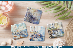 Vintage Watercolor Lighthouse Coaster Sublimation Design PNG Product Image 1