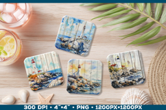 Vintage Watercolor Lighthouse Coaster Sublimation Design PNG Product Image 1