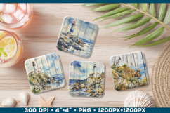 Vintage Watercolor Lighthouse Coaster Sublimation Design PNG Product Image 1