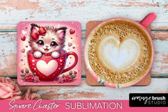 Square Coaster with Cat - Valentine&#039;s Day Sublimation Design