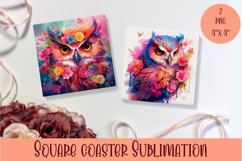 Cute owl Coaster Design. Owl Flowers Coaster Sublimation Product Image 1