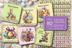 Square Easter Coaster Bundle Easter Sublimation Coaster Design with Watercolor Easter Bunny, Eggs, and Flower Easter basket. 