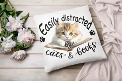 Easily Distracted By Cats And Books Png White Cat Quote Product Image 1