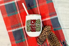 christmas png design on a red and green background with a phrase Christmas is here on a white wine tumbler