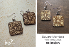Square Mandala Wood Earring engraving design Product Image 1