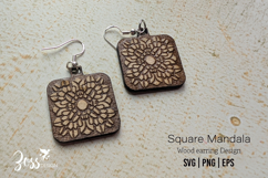 Square Mandala Wood Earring engraving design Product Image 3